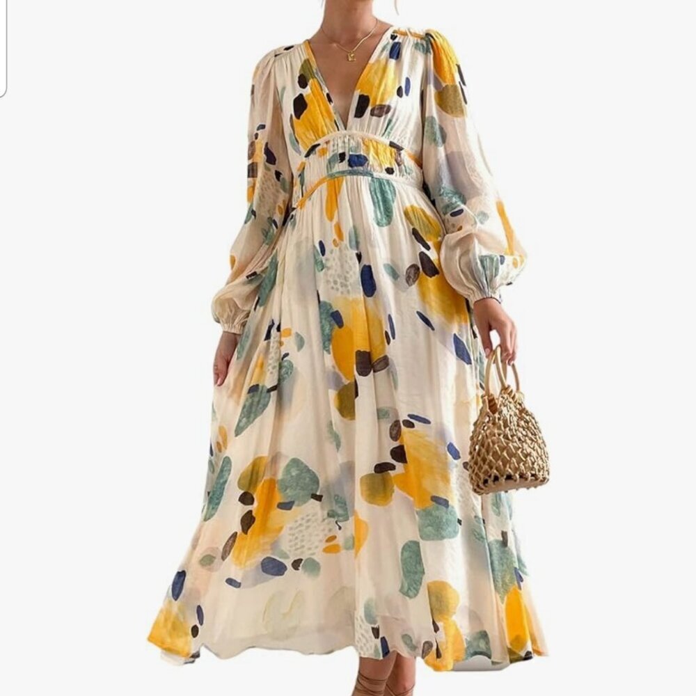 Bright Circle design lightweight long sleeve V-neck Summer dress size Small (350